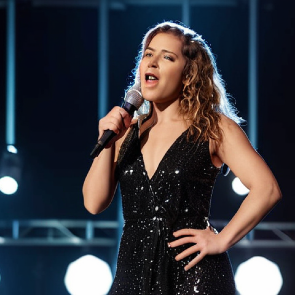 **

A singer standing on a stage, confidently holding a microphone. The background is blurred with stage lights. The focus is on the singer's expressive face and posture, showing them connecting with the audience. The mood is energetic and inspiring.

**