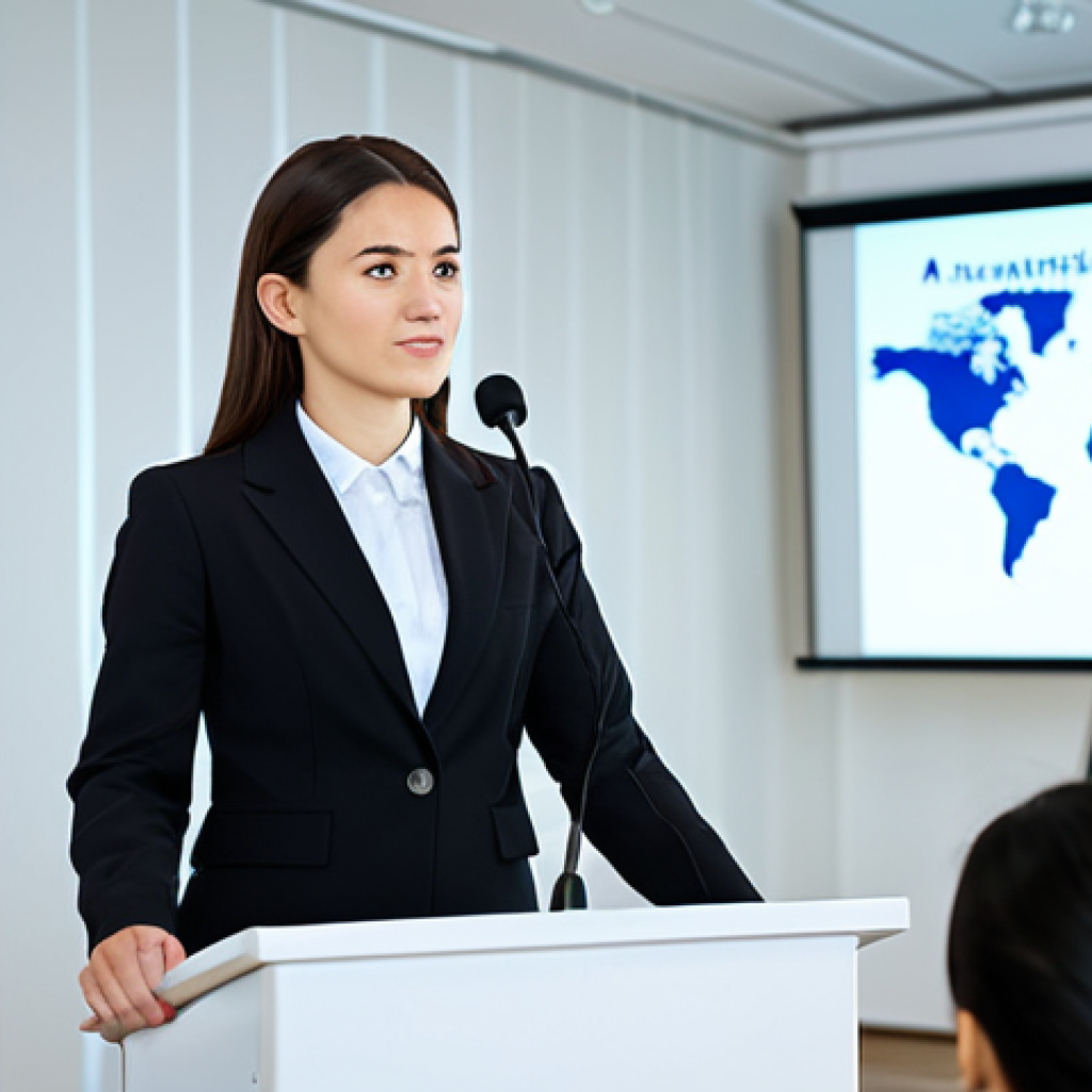 A professional businesswoman, mid-twenties, stands confidently at a podium in a modern, brightly lit conference hall, delivering a presentation. She is fully clothed in a modest, dark business suit with appropriate attire. Her expression is calm and articulate, conveying strong communication skills. The background features a blurred, diverse audience and a large, sleek presentation screen. The overall atmosphere is one of professionalism, clarity, and impactful public speaking. Perfect anatomy, correct proportions, natural pose, well-formed hands, proper finger count, natural body proportions. Safe for work, appropriate content, fully clothed, professional.