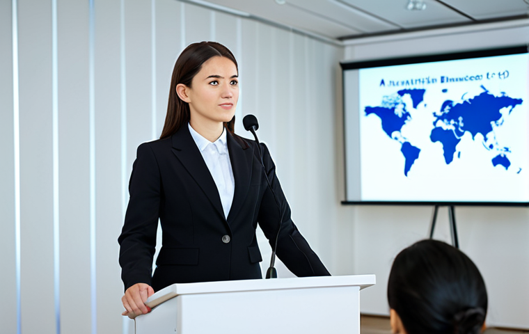 A professional businesswoman, mid-twenties, stands confidently at a podium in a modern, brightly lit conference hall, delivering a presentation. She is fully clothed in a modest, dark business suit with appropriate attire. Her expression is calm and articulate, conveying strong communication skills. The background features a blurred, diverse audience and a large, sleek presentation screen. The overall atmosphere is one of professionalism, clarity, and impactful public speaking. Perfect anatomy, correct proportions, natural pose, well-formed hands, proper finger count, natural body proportions. Safe for work, appropriate content, fully clothed, professional.