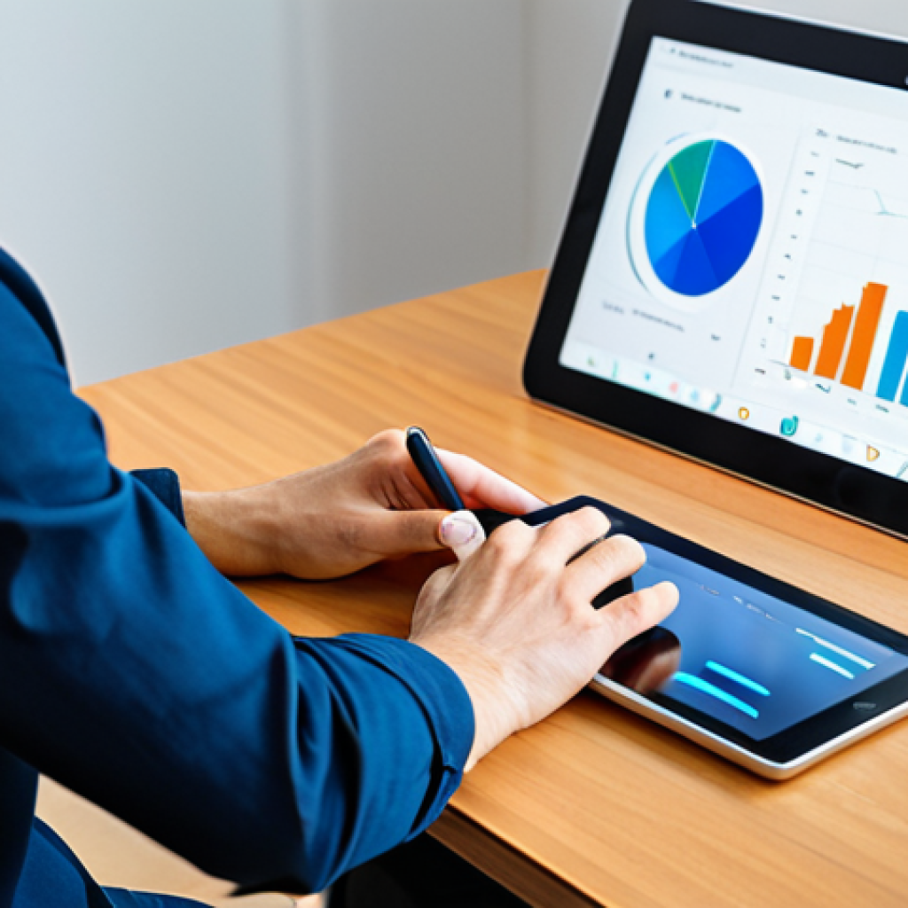 A focused professional, fully clothed in modest business casual attire, is seated at a minimalist desk in a bright, modern home office. They are looking at a tablet displaying an AI-powered pronunciation correction app, with subtle data visualizations and waveforms on the screen. The atmosphere is quiet and conducive to learning, highlighting a journey of self-improvement. The person has perfect anatomy, correct proportions, and a natural pose. Well-formed hands are gently holding the tablet. This image is safe for work, appropriate content, fully clothed, and professional.