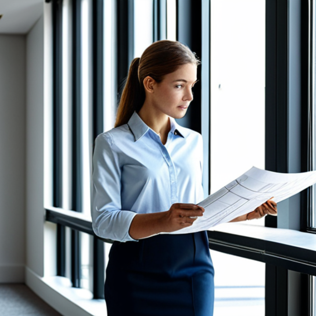 **

"A professional female architect in a fully clothed, modest business casual outfit, standing in a modern, sunlit office space reviewing blueprints, appropriate attire, safe for work, perfect anatomy, correct proportions, natural pose, architectural photography, high quality."

**