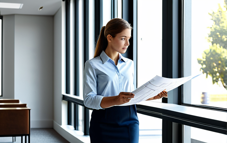 **

"A professional female architect in a fully clothed, modest business casual outfit, standing in a modern, sunlit office space reviewing blueprints, appropriate attire, safe for work, perfect anatomy, correct proportions, natural pose, architectural photography, high quality."

**