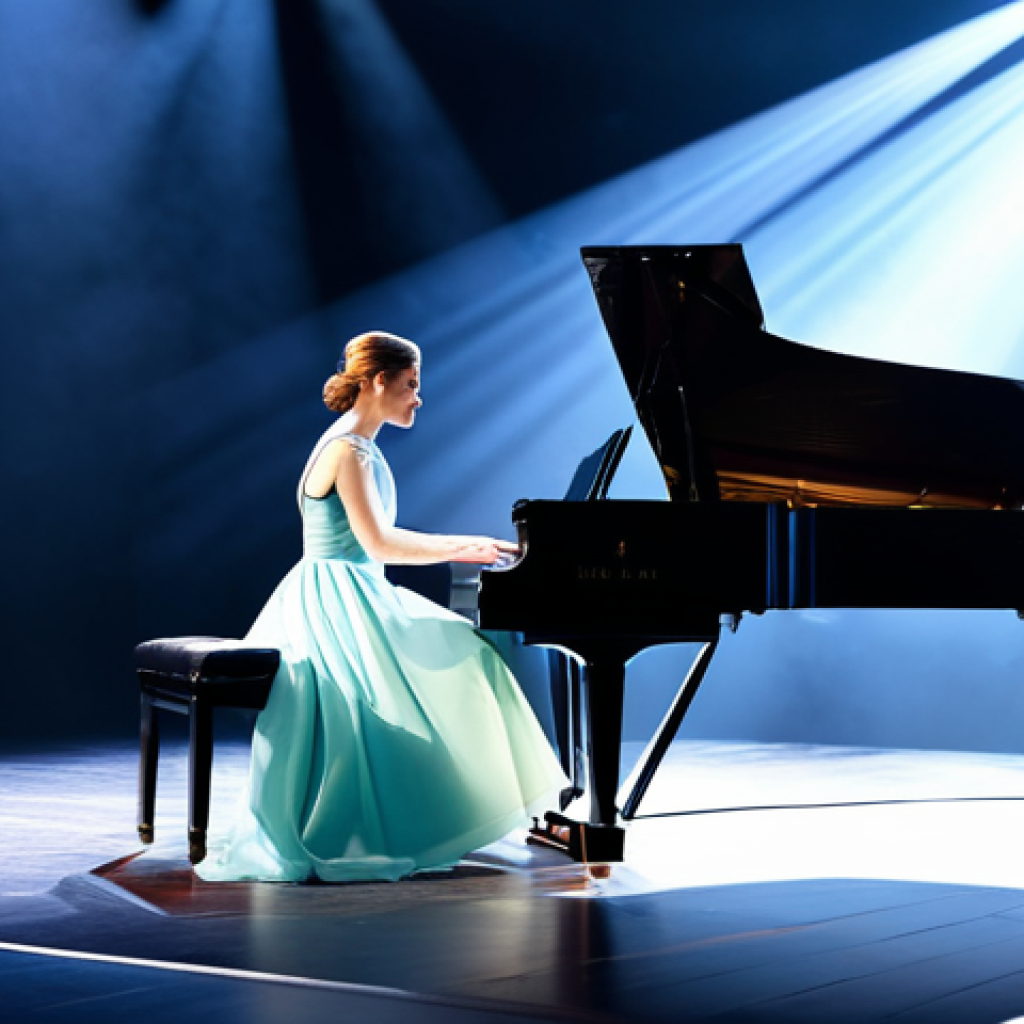 **

A professional female musician in a modest concert gown, playing a grand piano on a brightly lit stage in a concert hall, fully clothed, appropriate attire, safe for work, perfect anatomy, natural proportions, stage lighting, professional photography, high quality, family-friendly.

**