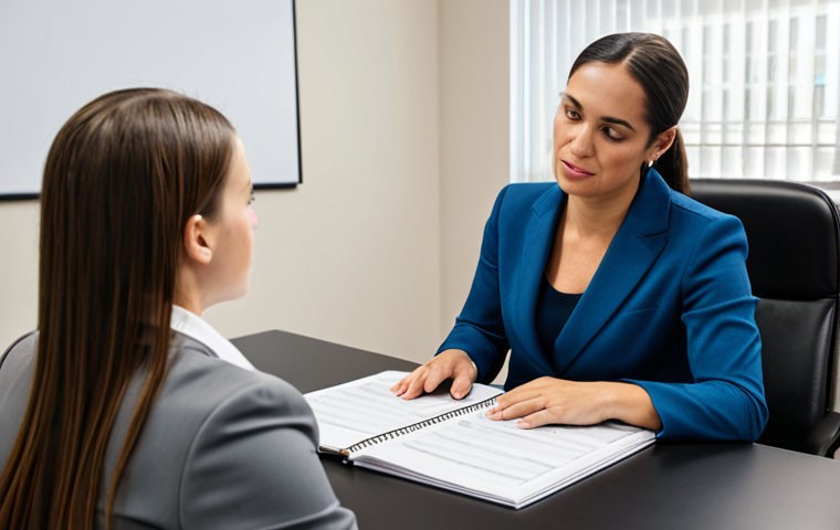 A fully clothed female vocal coach in a professional office setting, reviewing a lesson plan with a student. The coach is wearing modest business attire. The scene emphasizes collaboration and learning. Safe for work, appropriate content, professional environment, perfect anatomy, natural proportions.