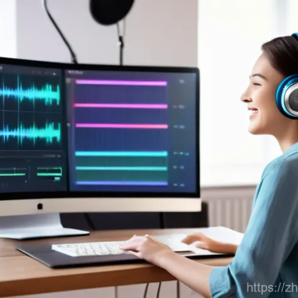 보컬트레이너 이직 팁 - A vibrant, well-lit modern home studio with a young, friendly female vocal coach, wearing a smart ca...