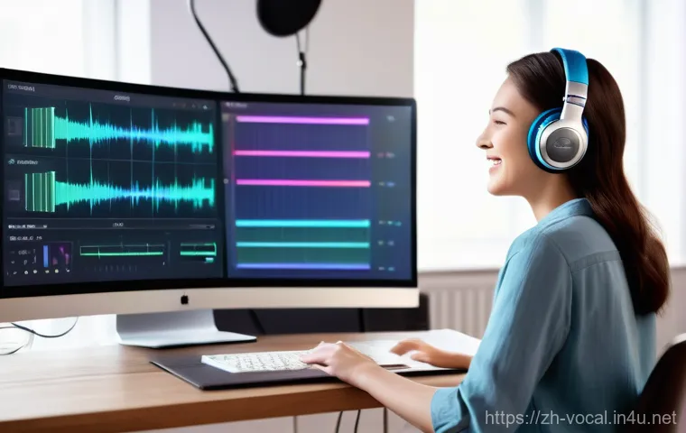 보컬트레이너 이직 팁 - A vibrant, well-lit modern home studio with a young, friendly female vocal coach, wearing a smart ca...