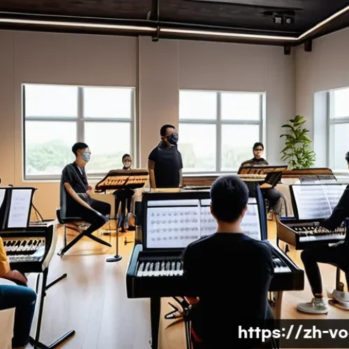 보컬트레이너 이직 전략 - A modern vocal coach teaching a diverse group of adult students in a bright, spacious studio combini...