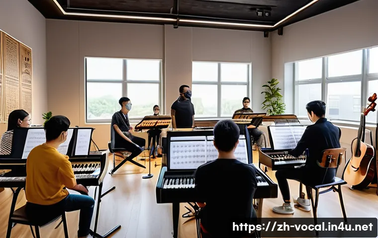 보컬트레이너 이직 전략 - A modern vocal coach teaching a diverse group of adult students in a bright, spacious studio combini...
