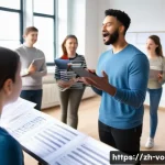 보컬트레이너 경력 관리 방법 - A professional vocal coach conducting a personalized singing lesson in a modern studio, focusing on ...