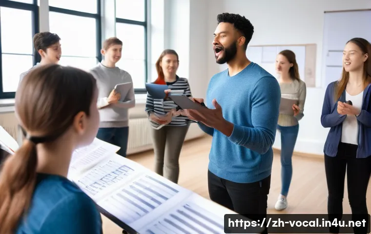 보컬트레이너 경력 관리 방법 - A professional vocal coach conducting a personalized singing lesson in a modern studio, focusing on ...