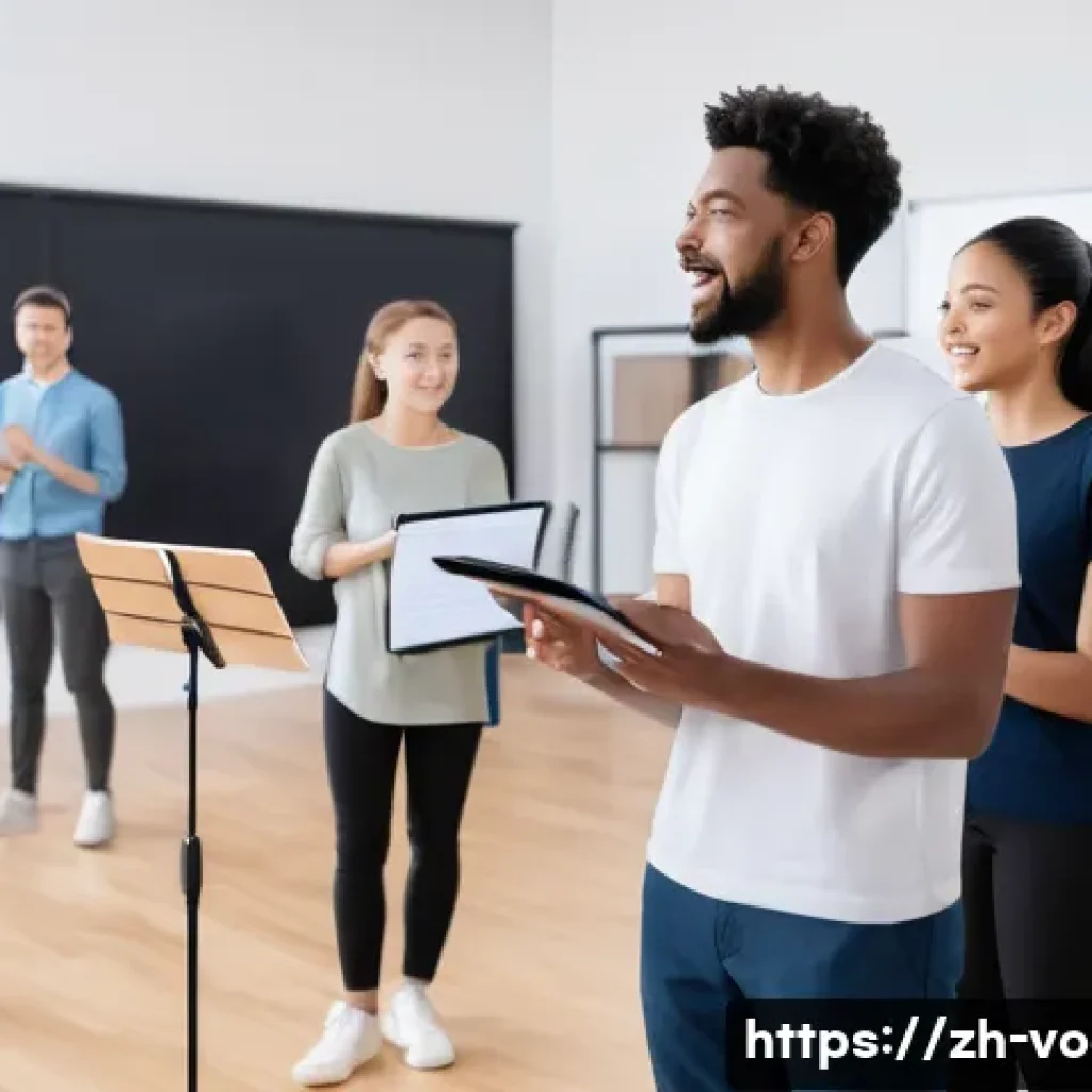 보컬트레이너 보컬 교육 시장 분석 - A modern vocal training classroom scene showing a diverse group of students attending a hybrid lesso...