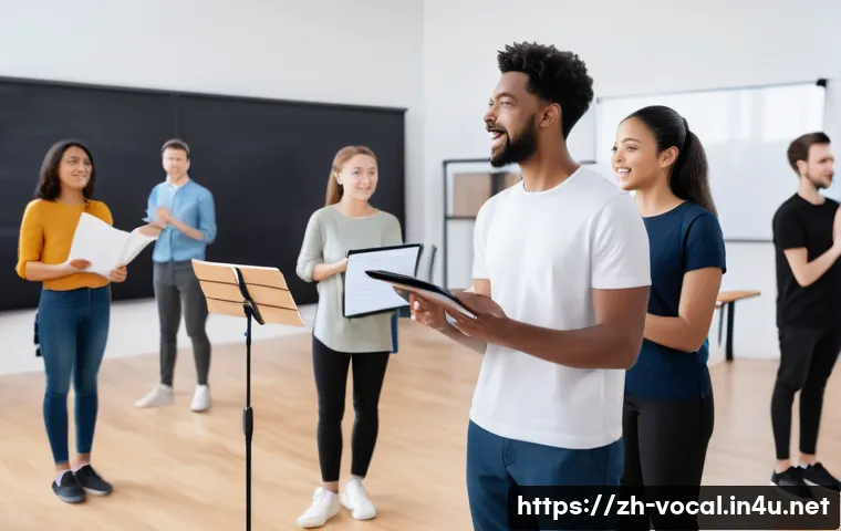 보컬트레이너 보컬 교육 시장 분석 - A modern vocal training classroom scene showing a diverse group of students attending a hybrid lesso...