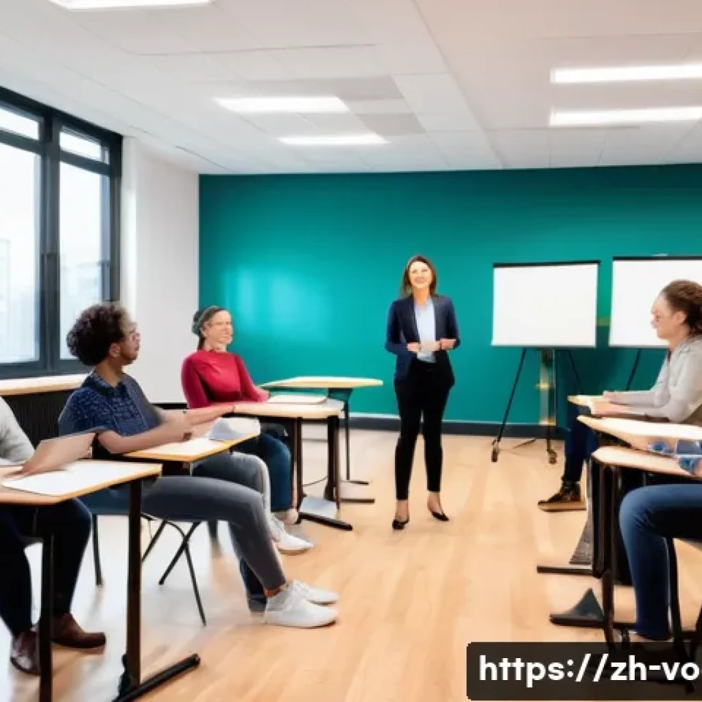 보컬트레이너 취업 후 근무 환경 - A modern vocal coaching studio scene showing a diverse group of teachers and students collaborating ...