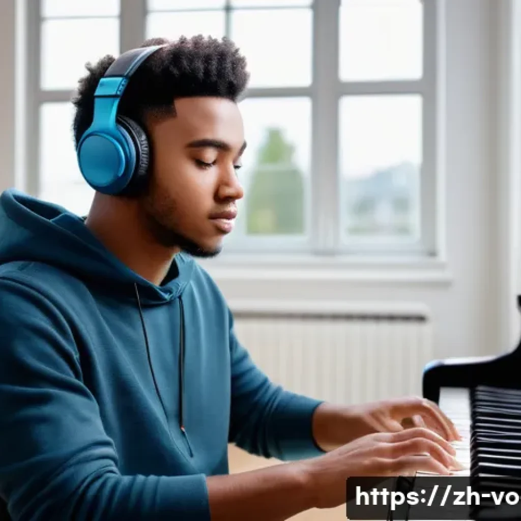 보컬트레이너 음악적 감각 - A focused music student practicing pitch recognition using a piano and a tuner device, sitting in a ...