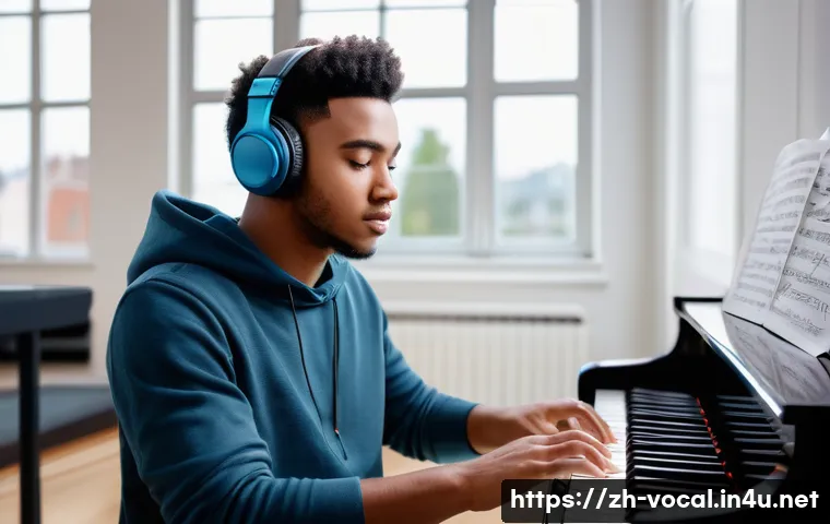 보컬트레이너 음악적 감각 - A focused music student practicing pitch recognition using a piano and a tuner device, sitting in a ...