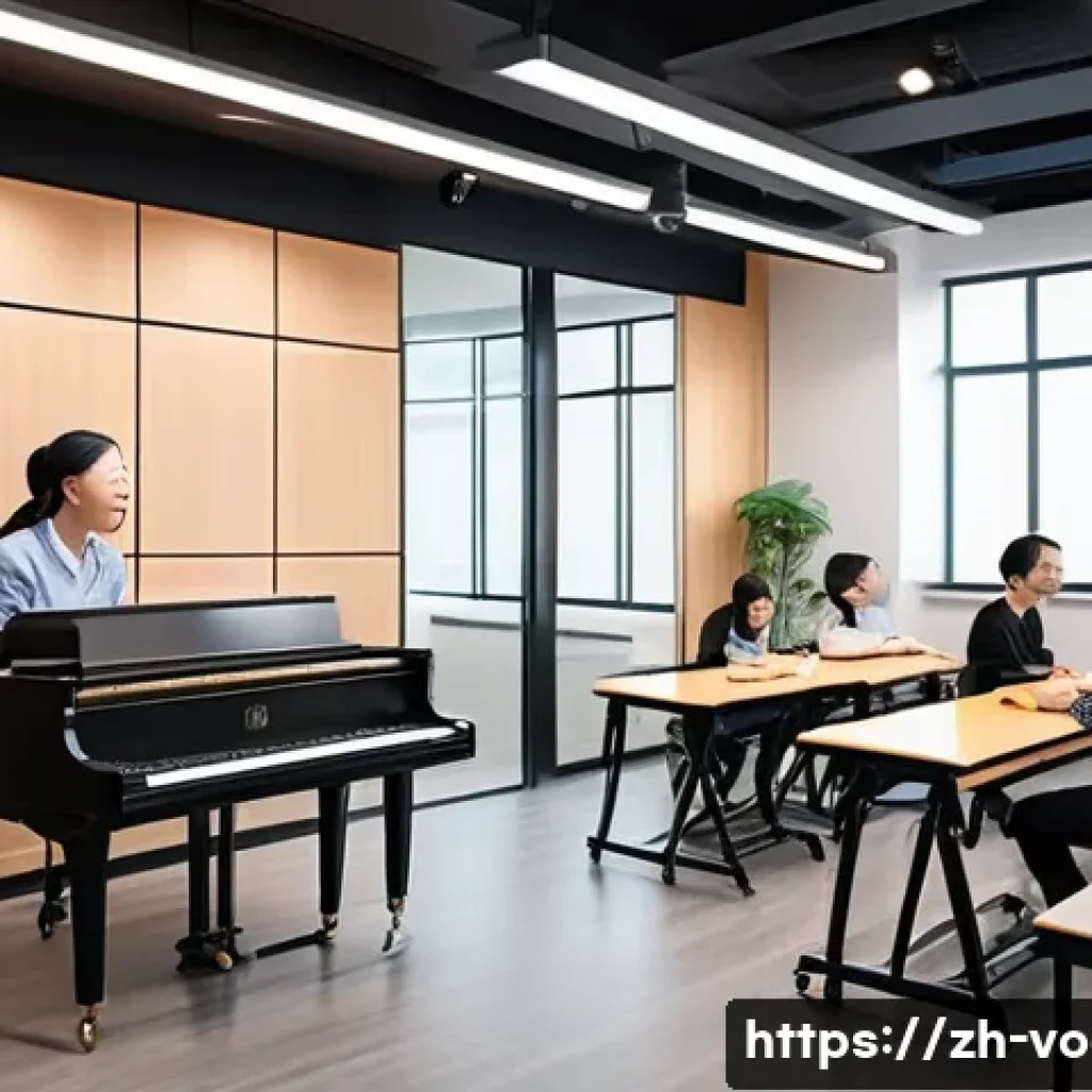 보컬트레이너 교육기관 선택 팁 - A modern vocal training classroom scene featuring a professional Chinese vocal instructor with a mus...