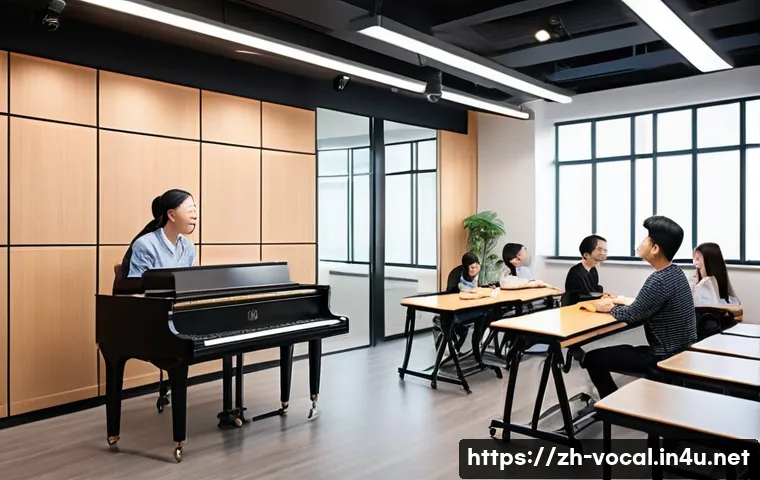 보컬트레이너 교육기관 선택 팁 - A modern vocal training classroom scene featuring a professional Chinese vocal instructor with a mus...