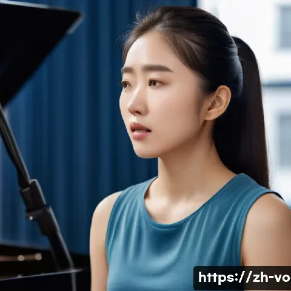 보컬트레이너 실기 평가 준비 - A focused young Chinese woman practicing vocal breathing exercises in a modern music studio, sitting...