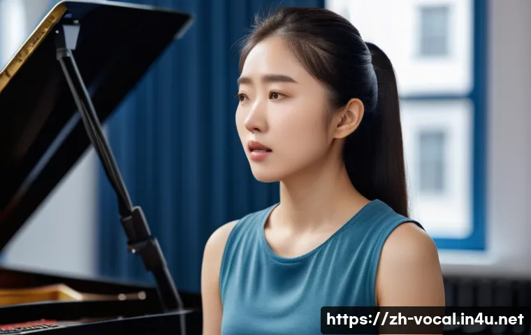 보컬트레이너 실기 평가 준비 - A focused young Chinese woman practicing vocal breathing exercises in a modern music studio, sitting...