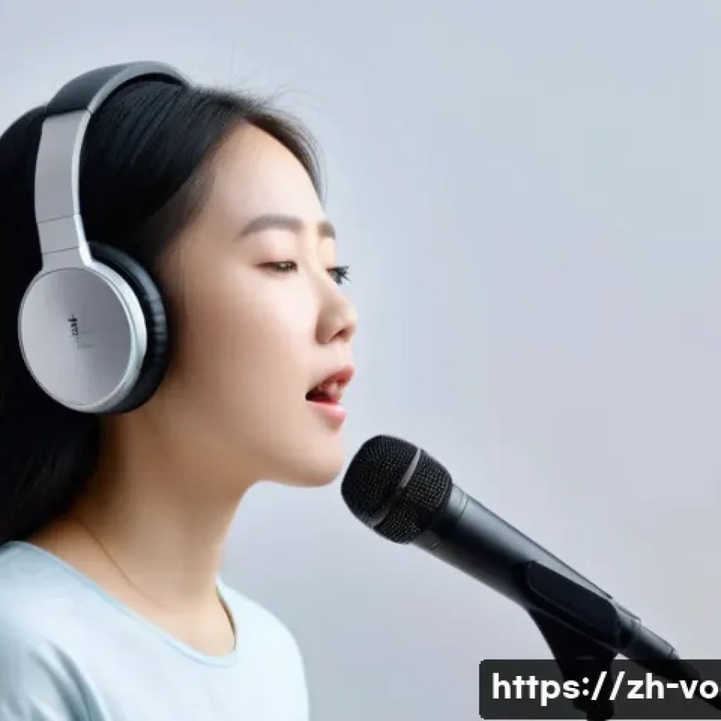 보컬트레이너 레슨 전략 - A modern vocal training studio scene featuring a young Chinese woman practicing singing with focused...