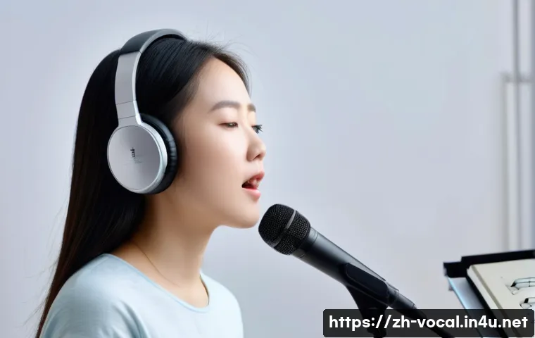 보컬트레이너 레슨 전략 - A modern vocal training studio scene featuring a young Chinese woman practicing singing with focused...