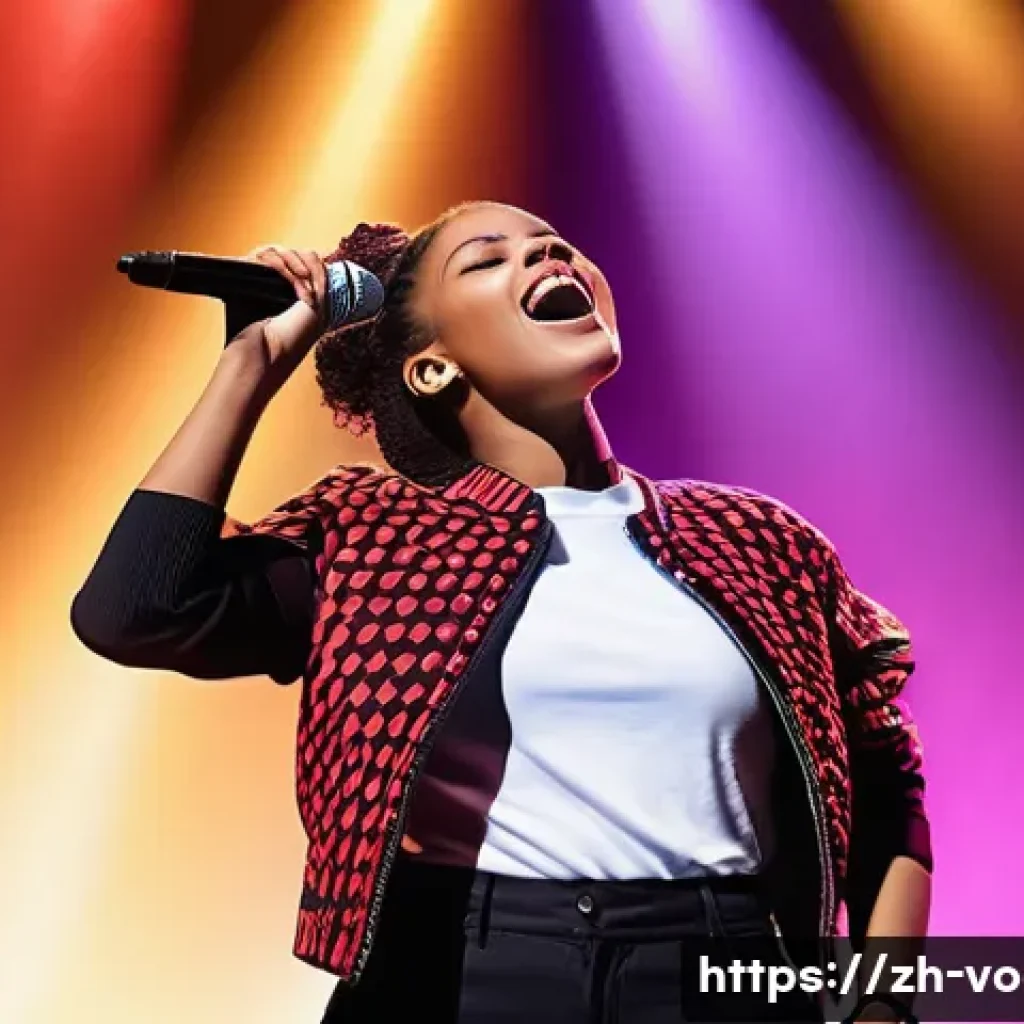 보컬트레이너 다양한 장르 훈련 - A vibrant, modern pop singer on stage, wearing stylish casual clothing with visible mixed voice tech...