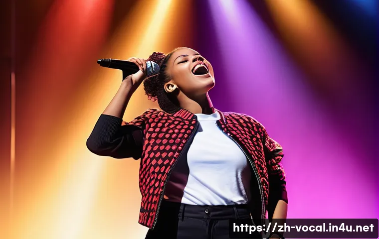 보컬트레이너 다양한 장르 훈련 - A vibrant, modern pop singer on stage, wearing stylish casual clothing with visible mixed voice tech...