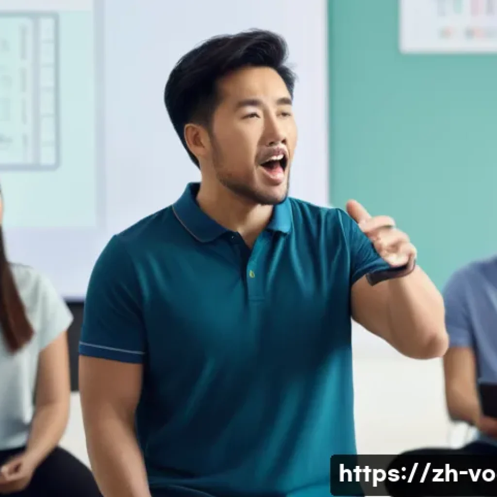 보컬트레이너 장기적 경력 계획 - A professional vocal coach teaching a diverse group of students in a modern classroom setting, with ...