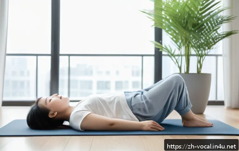 보컬트레이너 음성 훈련 팁 - A young Chinese woman practicing abdominal breathing for singing, lying down on a soft mat in a brig...