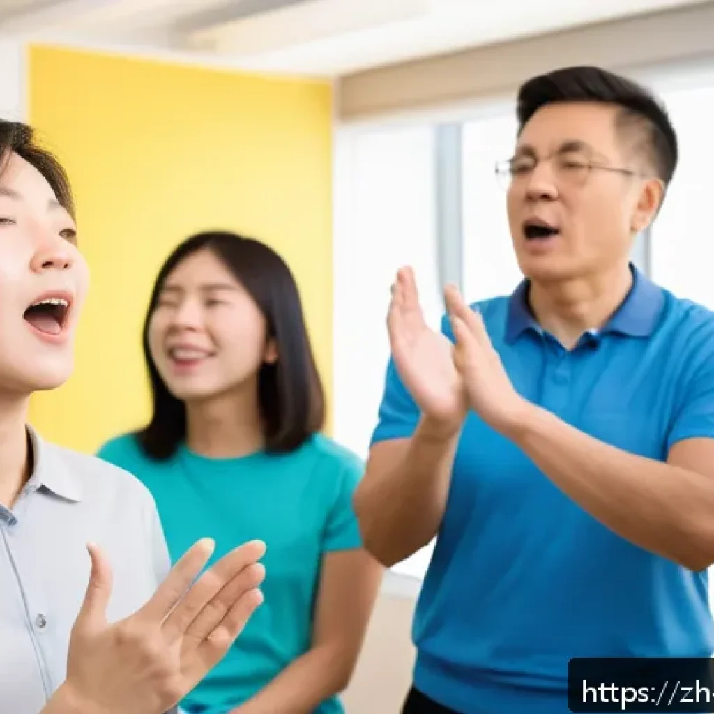 보컬트레이너 전문가로 성장하기 - A professional vocal coach demonstrating correct diaphragmatic breathing technique to a diverse grou...