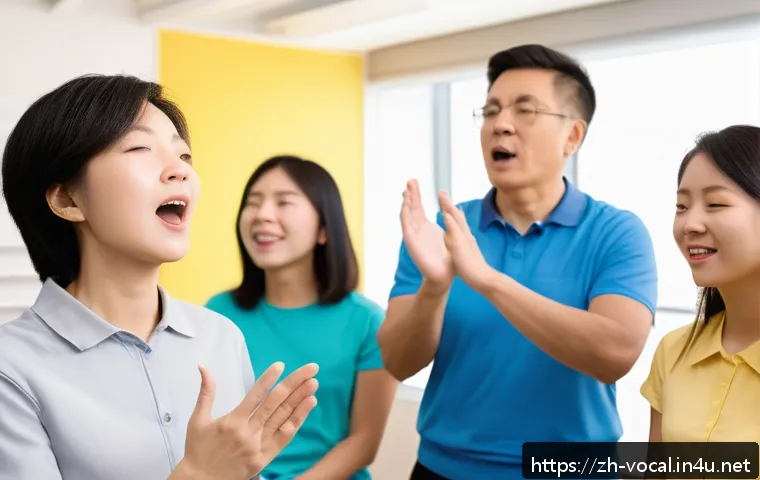 보컬트레이너 전문가로 성장하기 - A professional vocal coach demonstrating correct diaphragmatic breathing technique to a diverse grou...