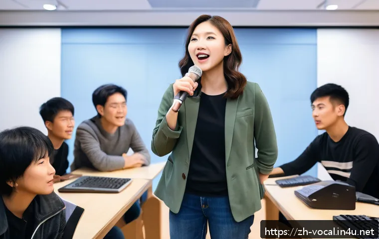 보컬트레이너 취업 조건 - A professional vocal coach in a modern music studio, demonstrating vocal techniques to a diverse gro...
