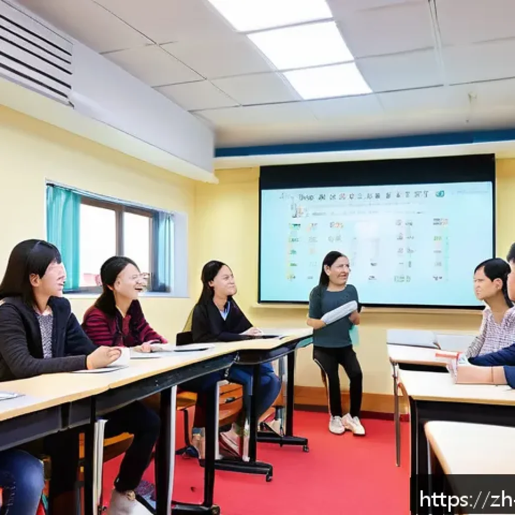 보컬트레이너 창업 아이템 - A modern vocal training classroom featuring young Chinese students and a friendly instructor in a br...