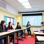 보컬트레이너 창업 아이템 - A modern vocal training classroom featuring young Chinese students and a friendly instructor in a br...