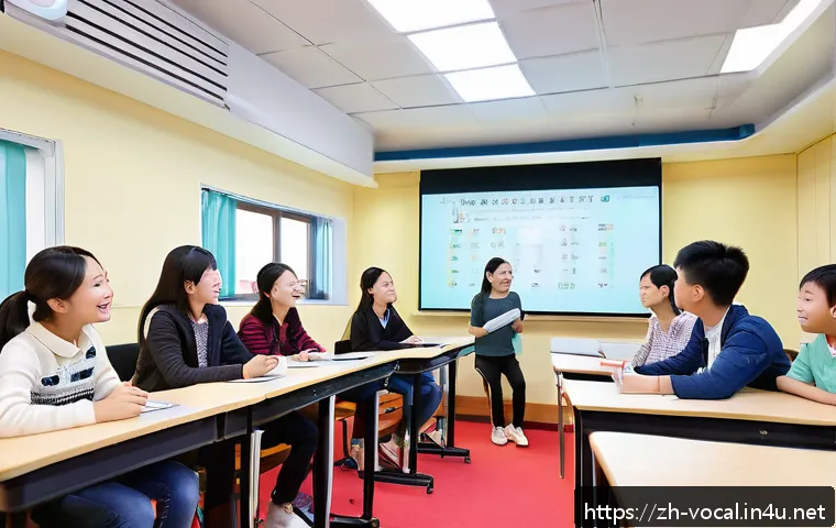 보컬트레이너 창업 아이템 - A modern vocal training classroom featuring young Chinese students and a friendly instructor in a br...