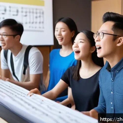 보컬트레이너 경력 관리 - A modern vocal coach teaching a diverse group of adult students in a bright, spacious music studio. ...