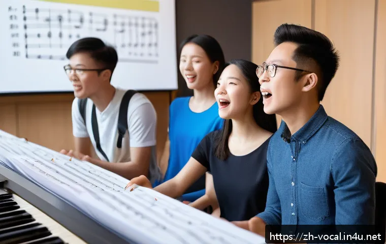 보컬트레이너 경력 관리 - A modern vocal coach teaching a diverse group of adult students in a bright, spacious music studio. ...