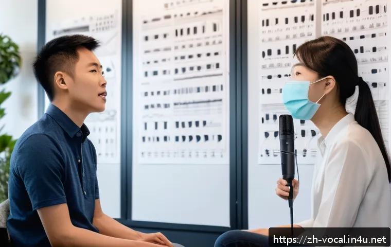 보컬트레이너 후속 교육 과정 - A modern vocal coach studio scene featuring a confident Asian female vocal instructor demonstrating ...