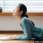 보컬트레이너 전문가 의견 - A young Asian woman practicing diaphragmatic breathing for singing, lying on a wooden floor with han...