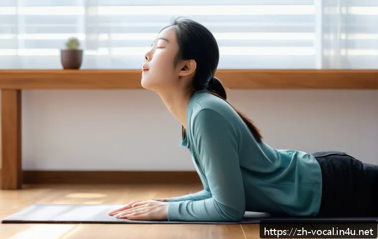보컬트레이너 전문가 의견 - A young Asian woman practicing diaphragmatic breathing for singing, lying on a wooden floor with han...
