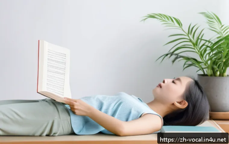 보컬트레이너의 중요한 기술 - A focused young Chinese woman practicing diaphragmatic breathing for singing, lying on her back indo...