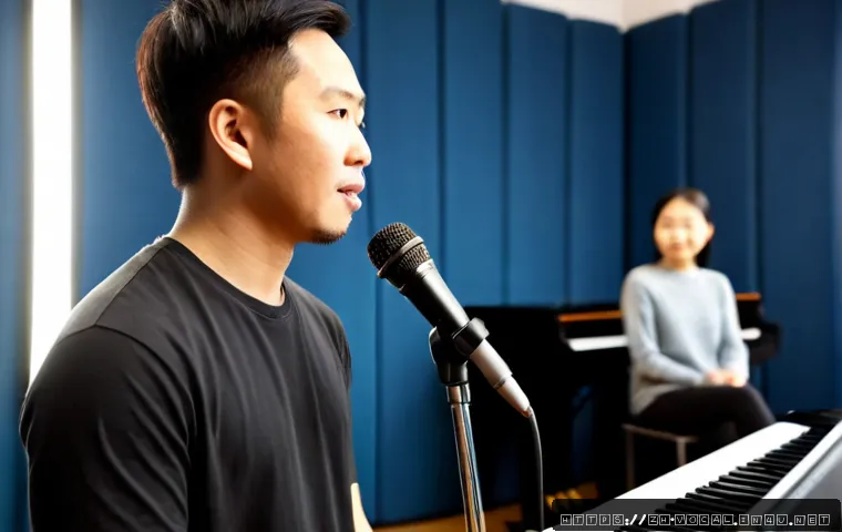보컬트레이너 현장 사례 - Photorealistic vocal coaching session in a modern recording studio, experienced vocal trainer seated...