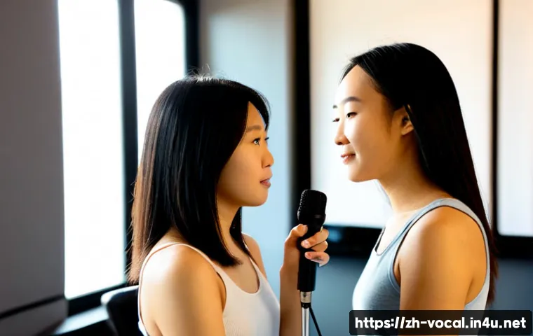 보컬트레이너 다양한 보컬 기술 - Photorealistic vocal coach guiding an adult student through diaphragmatic breathing in a bright mode...
